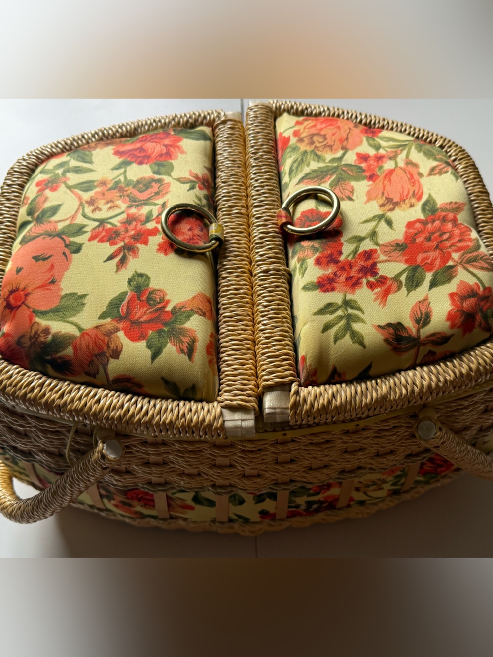 HiMark Sewing Basket, Yellow Floral, Swing Lids, Plastic Insert, Wood Bottom